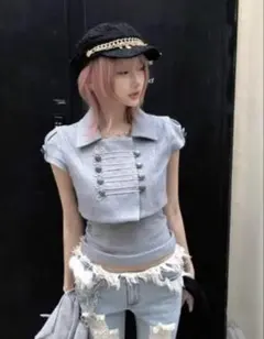 RAY CASSIN胸刺繍コンパクトラインストーン×チェック ナポレオンTシャツのサムネイル