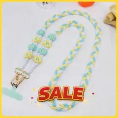 花モチーフネックストラップ編み込みスマホストラップライトグリーンイエローホワイト