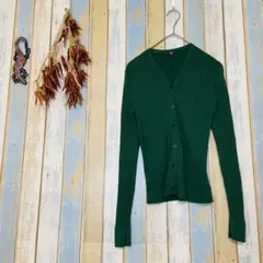 【UNIQLO 】ウールカーディガン スリム　リブあみ　Vネック　長袖　緑　L