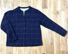 無印良品　ネイビー チェック柄 長袖ノーカラーMサイズ