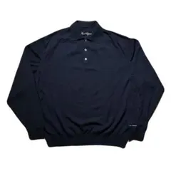 90s ニット ポロシャツ ペルー製 メリノウール 黒 貝ボタン 企業ロゴ