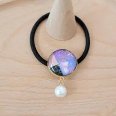 パール付き和風花柄のヘアゴム　ガラスカボション　ハンドメイド　No.104