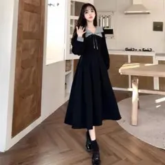 体型カバー✨可愛い✨送料無料✨オシャレ✨大きな襟が特徴の長袖ワンピース