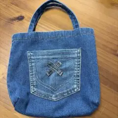 ハンドメイド、手縫い、デニム ハートポケット トートバッグ（元、ジーンズ）