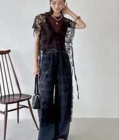 FRIFUL シアー Vネック トップス 黒　レース