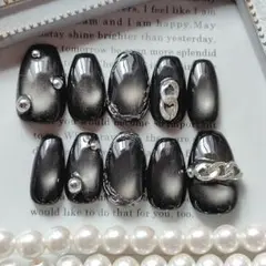 現品　ニュアンスミラーデザイン　マグネットネイル　シルバー　チェーン　ブラック