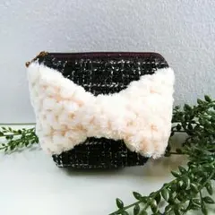ファーリボンポーチ★ツイード黒＋白ファー★ハンドメイド★大人可愛い★化粧ポーチ