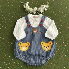美品 ミキハウス プッチー ダルマオール ヒッコリー ロンパース M 80 90