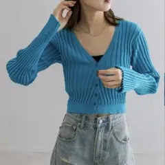 mystic 青 リブ編み Vネック カーディガン