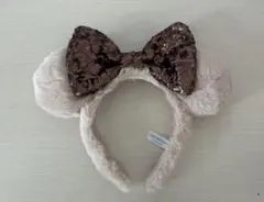 ベージュ スパンコールリボン カチューシャ　ディズニー　ブラウン　ファー