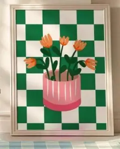 【ファブリックポスター】グリーン植物花鉢植え　布ポスター　レトロ　花