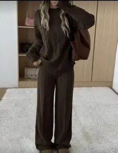 リブ編みコーヒーブラウンセットアップ