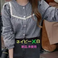 DAZY ブラウス　長袖　 ギンガムチェック　紺✖️白