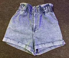 ハイウエスト ゴム デニムショートパンツ ストレッチ ブルーウォッシュ
