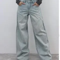ラメ入りライトブルーワイドレッグデニムパンツLサイズのサムネイル