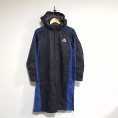 アディダス　裏ボア付きフード付きベンチコート（ブラック/ブルー）刺繍ロゴ　160