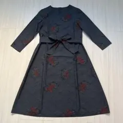 大島紬 着物リメイク 正絹 花柄 Aライン ロング ワンピース フレアドレス