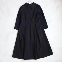 【現行タグ】23区 ロングワンピース M 丸襟 フレア Aライン 黒 紺色