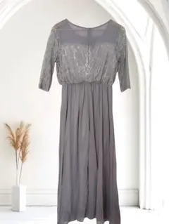 グレーのレースロングドレスワンピース　♯結婚式