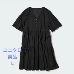 UNIQLO コットンティアードミニワンピース（半袖）　ブラック　L チュニックのサムネイル