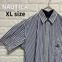 ノーティカ NAUTICA ストライプ 半袖シャツ M 青 白 刺繍ロゴ 古着
