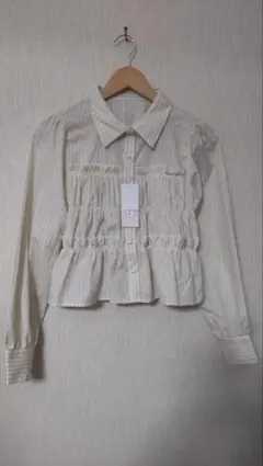 新品■ストライプギャザー フリルシャツショート丈B
