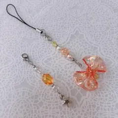 ハンドメイド ストラップ ビーズ オレンジ リボン チャーム 推し活