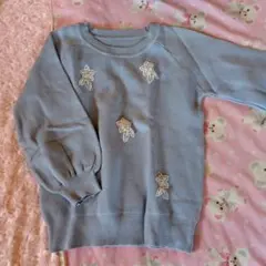 未使用美品水色セーター花のレース飾り付き可愛い服フェミニンカジュアルブルー