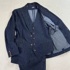 パープル&イエロー　デニム　3ピーススーツ ストライプ セットアップ　ジレ　M