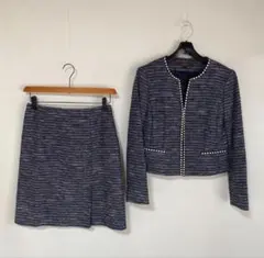 リフレクト ノーカラー OL スーツ 11 W72 濃紺×白 ラメ 面接