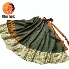 【新品】オールドサリー　巻きスカート　エスニック　総柄　フリーサイズ　グリーン