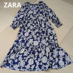ZARAペイズリー柄　花柄ロングV型ワンピース　ブルー青　Sサイズ