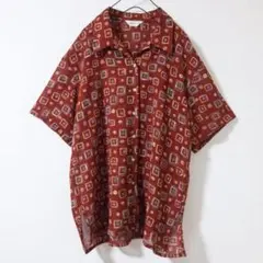 古着 レトロ 柄シャツ半袖開襟シャツ ハマカラーアロハシャツ総柄くすみカラー 赤