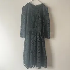 ダークグリーン 七分袖 レース ワンピース S セレモニー パーティー 結婚式