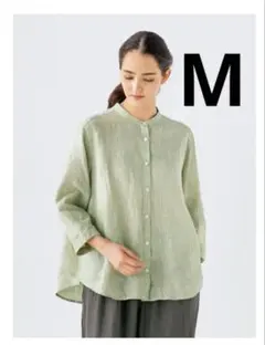 無印良品　リネン洗いざらし七分袖ブラウス ライトグリーンストライプM 匿名配送