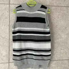 ボーダー ハイネック サイドスリット ノースリーブ ニットソー