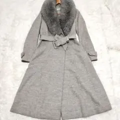 AIMER　ウールアンゴラ混　ロングコート　フォックスファー　ベルト　グレー