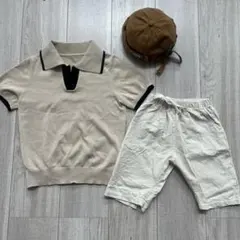 韓国子供服　3点セット　120-130 ベージュ　ホワイト　ベレー帽