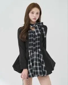 Darich ダーリッチ　チェックストライプバルーンミニワンピース　ブラック