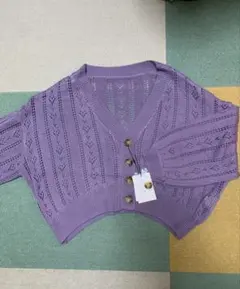 パープル レース編み 五分袖ニットカーディガン