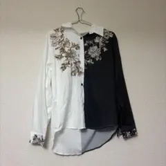 SHEIN バイカラー 花柄刺繍 モノトーン アシンメトリー　ツートン