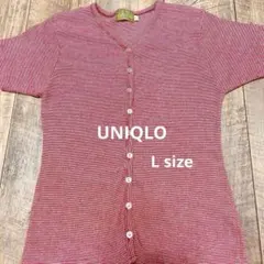 UNIQLO 赤と白のストライプ Vネック 半袖ニット　24A348のサムネイル