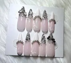 ネイルチップ ワンホン ハンドメイド 韓国 スナ系 ガーリー ロングポイント