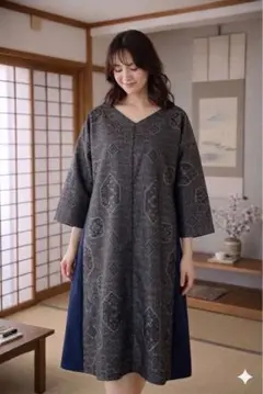 週末限定500円割中再販　新品　着物リメイクワンピース　大島紬　麻の葉 Ｌサイズ