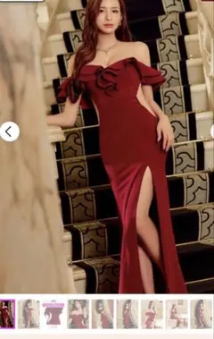 バーガンディ オフショルダーフリルドレスM