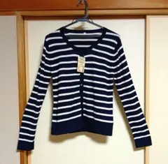 新品 無印良品 L コットンシルク ボーダーカーディガン 紺✕白　レディース薄手