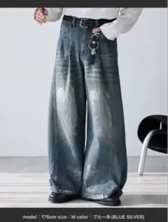 Spielio ヴィンテージライク箔プリントワイドデニムパンツ　Sサイズ