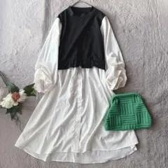 長袖シャツワンピース(L)ドッキング/ロング/ストレッチ/異素材/プルオーバー