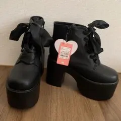 リボン付きブラックハイヒールブーツ Mサイズ