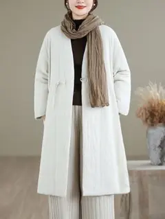 レトロデザイン V字襟 ロングコート レディース 中綿入り ゆったり 暖かい